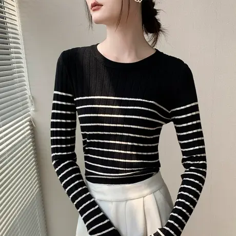 小圆领条纹长袖针织衫女2023早秋新款收腰显瘦竖纹正肩内搭打底衫图片