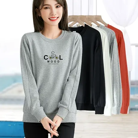 灰色印花卫衣女2024新款圆领长袖打底衫修身百搭套头春秋t恤上衣商品大图