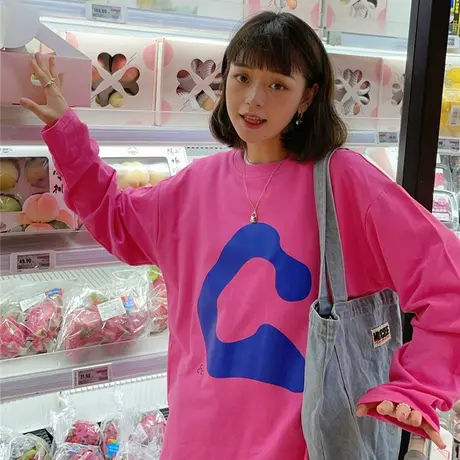 红续2023春装新款韩版宽松百搭字母薄款长袖套头卫衣女盐系ins潮商品大图