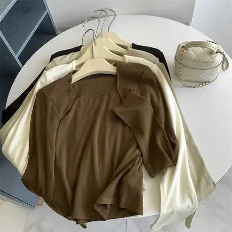 披肩式设计感方领长袖T恤打底衫女气质纯色打底上衣韩版秋冬内搭t商品大图