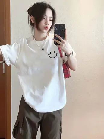 仿棉短袖t恤女2023新款夏季小众设计感港味chic宽松大码女装上衣图片