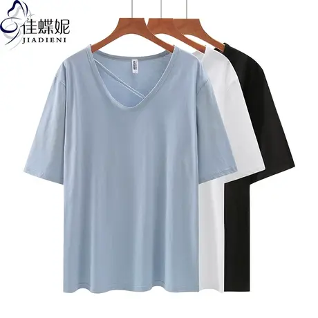 夏季新款韩版圆领纯棉宽松中长款大码纯色短袖体恤上衣内搭女打底商品大图