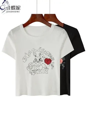 夏季新款韩版纯棉修身圆领修身短款印花短袖体恤上衣内搭女爱心T商品大图