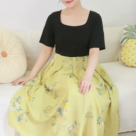 夏新品改良新中式撞色连衣裙大码复古风优雅长裙商品大图