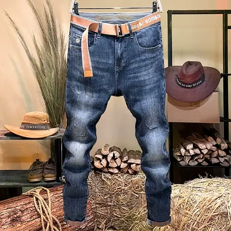 潮牌牛仔裤男春秋季新款修身小脚裤韩版潮流休闲青年印花高端裤子商品大图