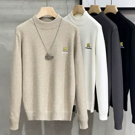 秋冬季半高领毛衣男2023新款韩版潮流修身帅气中领小熊刺绣打底衫商品大图