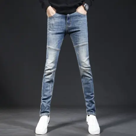 欧美高端牛仔裤2023新款男秋季蓝色修身小脚男士潮流弹力拼接裤子商品大图