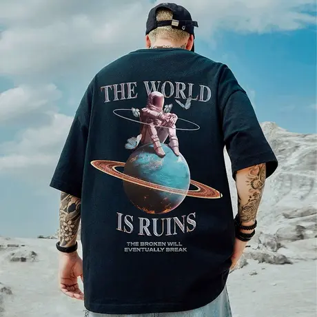 oversize美式潮牌胖子男装大码国潮nasa宽松短袖T恤宇航员半袖夏图片