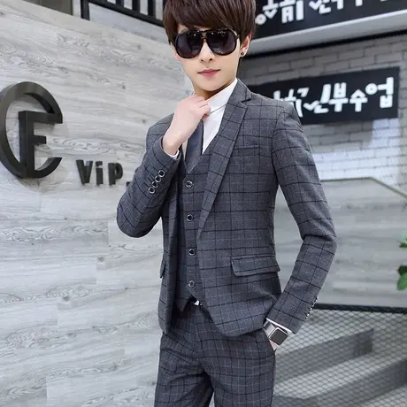男士西服套装学生发型师韩版修身休闲小西装结婚礼服英伦格子外套商品大图