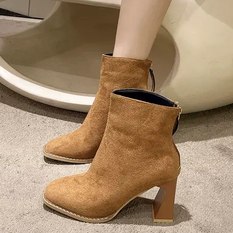 绒面短靴女2023秋冬新款方头百搭短筒瘦瘦靴后拉链粗跟中跟马丁靴图片