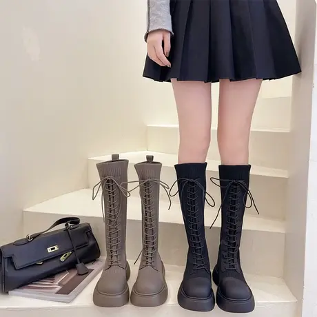 针织弹力长靴女秋冬2024年新款厚底春秋单靴高筒骑士瘦瘦长筒袜靴图片