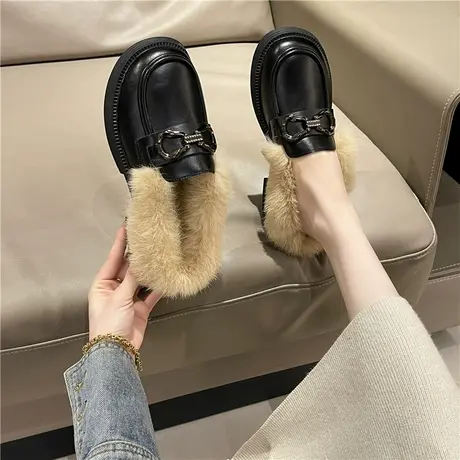网红包头毛毛半拖鞋女外穿秋冬季加绒穆勒鞋2023新款懒人鞋毛毛鞋商品大图