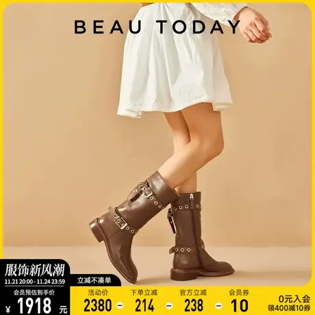 BeauToday骑士靴子女2024新款女复古长靴瘦瘦靴粗跟中筒靴西部靴图片