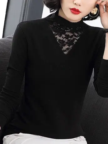 双面德绒半高领打底衫女秋冬长袖百搭黑色洋气中年妈妈蕾丝女上衣商品大图