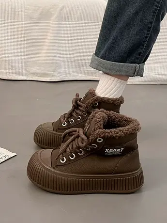 厚底高帮鞋女2023新款冬季加绒保暖棉鞋雪地靴复古运动休闲板鞋女商品大图