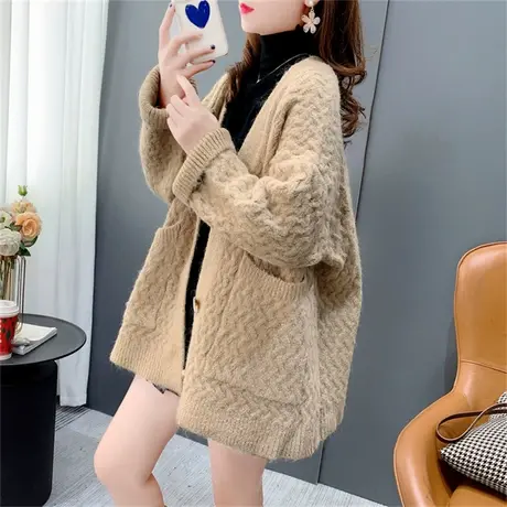 长袖V领慵懒风毛衣开衫女秋季2022新款韩版宽松洋气百搭上衣外套图片