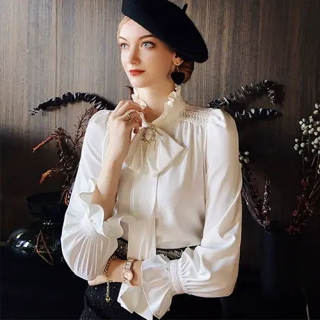 泡泡袖雪纺上衣粉红大布娃娃2022新款长袖设计感白衬衫春衬衣女商品大图