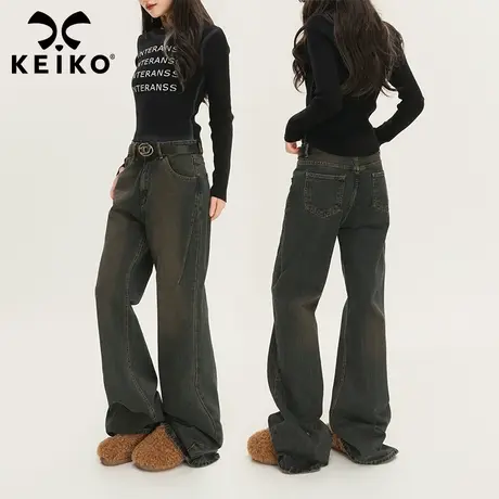 KEIKO 复古做旧牛仔裤女2024早春美式街头宽松显瘦微喇拖地长裤子图片
