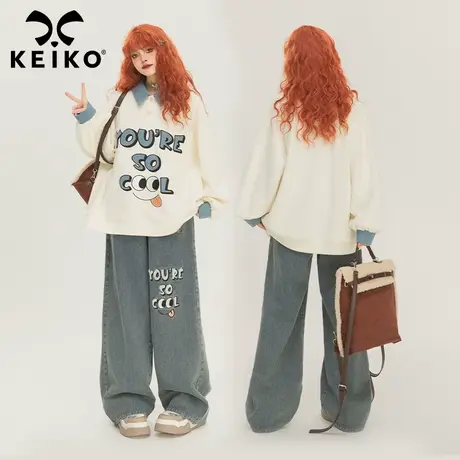 KEIKO 重工萌趣卡通刺绣卫衣女2024早春学院风polo领宽松休闲上衣商品大图
