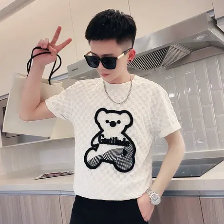 夏季男士t恤刺绣小熊格子上衣短袖修身半袖潮流个性网红潮牌体恤商品大图
