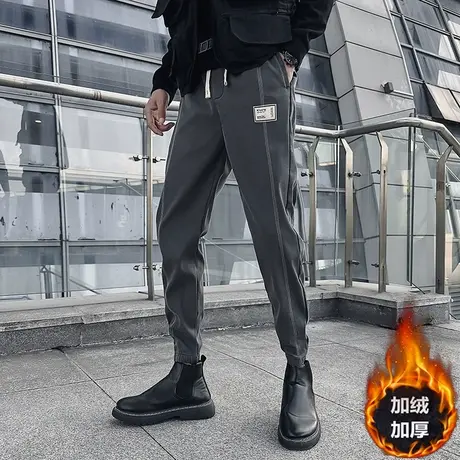 冬季加绒加厚男士牛仔裤韩版修身明线保暖哈伦裤潮牌ins束腿裤商品大图