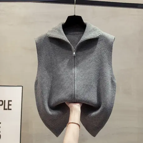 高领拉链针织开衫马甲背心女2025春秋新款宽松外穿马夹毛衣坎肩潮商品大图