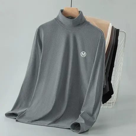 300g重磅双面德绒t恤男士长袖保暖高领印花上衣服秋冬内搭打底衫图片