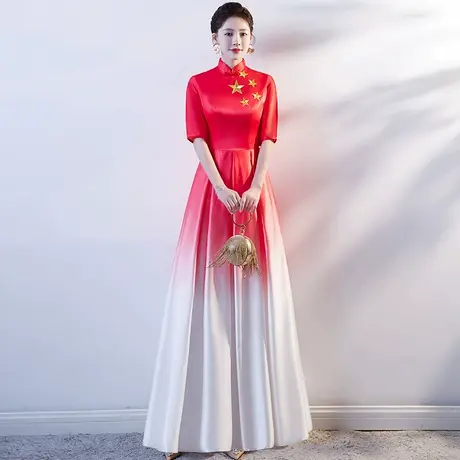红歌合唱团演出服女长裙舞台朗诵红色表演服装大合唱指挥主持礼服商品大图