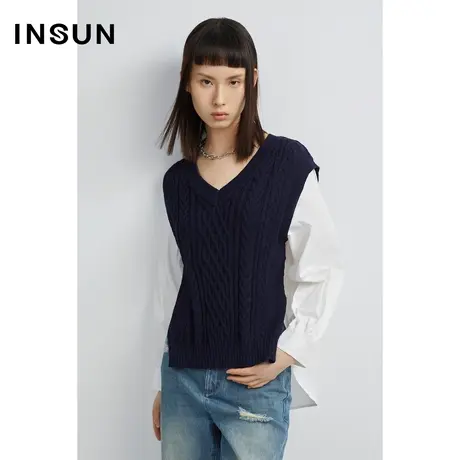 INSUN恩裳秋季假两件前短后长式棉质针织衫商品大图