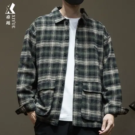 希越休闲格子衬衫男2024春季新款宽松大码男士纯棉翻领夹克外套潮商品大图