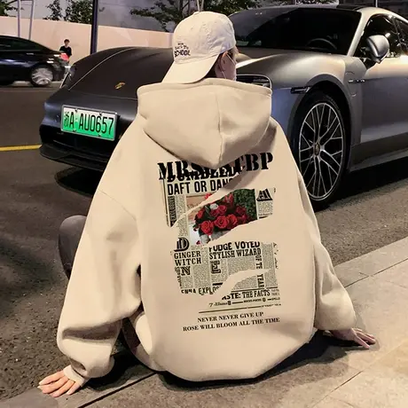 纯棉重磅卫衣男秋冬季新款玫瑰印花情侣美式高街潮牌宽松帽衫外套商品大图