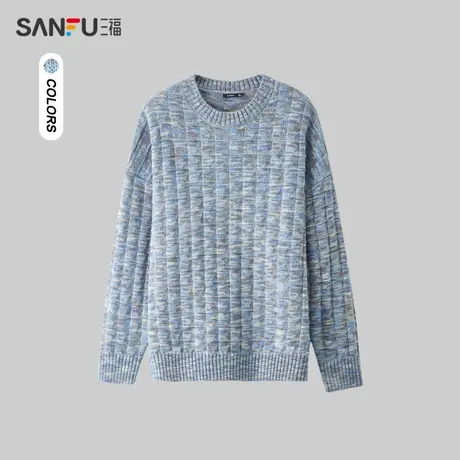 三福2024春季男士肌理格子毛衣 休闲时尚落肩圆领上衣男482440商品大图