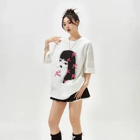 YEP发泡印白色短袖t恤女春夏2024年新款潮牌复古宽松oversize上衣商品大图