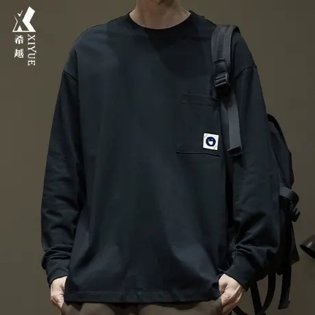 希越春季纯棉圆领长袖T恤男2024新款宽松大码青少年打底衫上衣服商品大图
