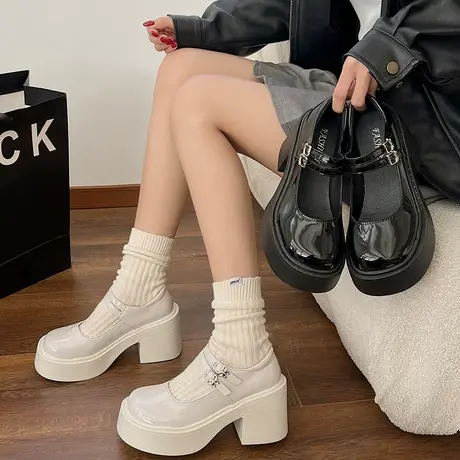 厚底玛丽珍鞋女2024年新款法式粗跟浅口单鞋复古英伦风高跟小皮鞋商品大图