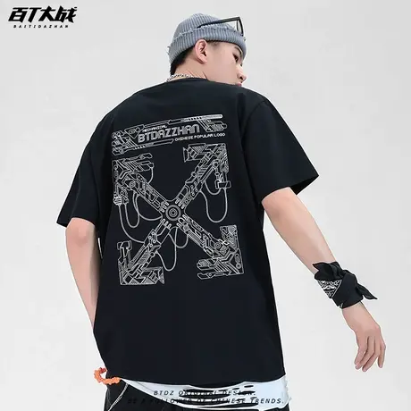 欧美炸街短袖t恤男纯色机械线条网红超火男士半袖上衣夏商品大图