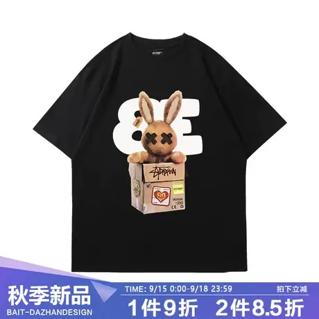 oversize兔子印花短袖t恤男女宽松情侣休闲潮流圆领五分袖bf风图片