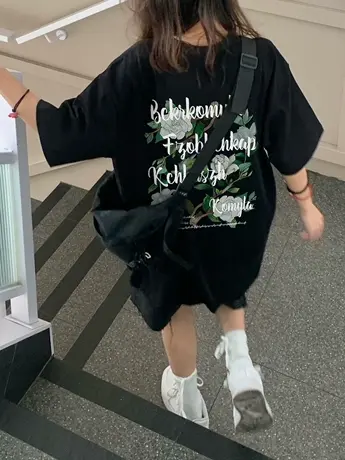 纯棉黑色短袖t恤女夏季美式复古oversize宽松半袖港味chic上衣潮商品大图