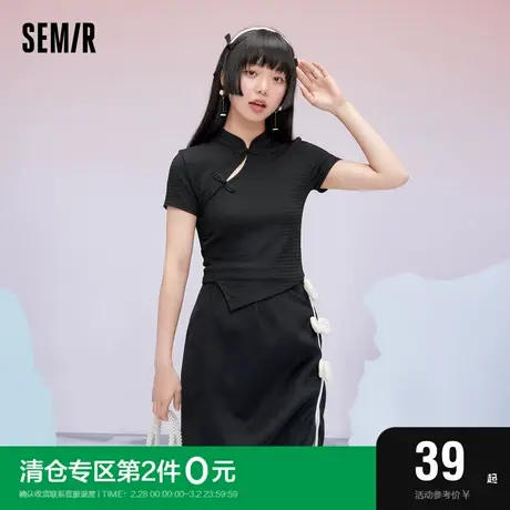 森马短袖T恤女短款立领盘扣镂空2022夏季新款修身设计感肌理上衣商品大图