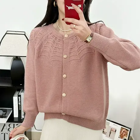 法式小香风开衫针织衫女春装圆领宽松温柔风长袖毛衣外套外搭上衣商品大图