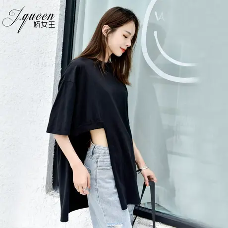 黑色T恤女夏季ins设计感百搭宽松显瘦中长款纯棉网红圆领短袖上衣商品大图