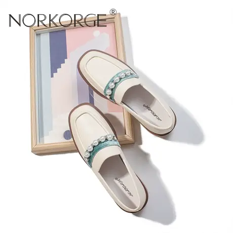 2023新款春夏复古仙女风米白色乐福鞋女鞋真皮方头珍珠粗跟单鞋女商品大图