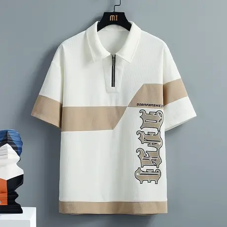 半拉链polo衫男短袖夏季潮牌潮流冰丝翻领t恤男宽松青少年体恤衫商品大图