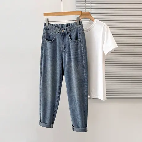 伊自尚2023年新款胖mm大码女装秋季高腰显瘦洋气老爹蓝色牛仔裤女图片