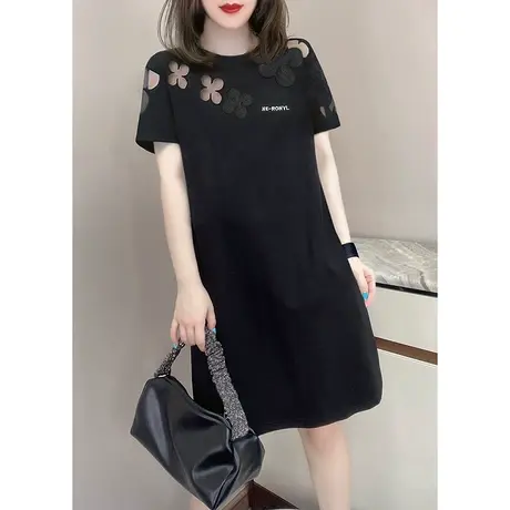 黑色圆领镂空小众宽松夏装大码连衣裙女胖mm时髦设计感裙子200斤商品大图