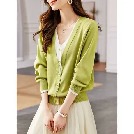 时尚气质淑女针织开衫2023年春季新款温柔V领显瘦通勤长袖上衣商品大图