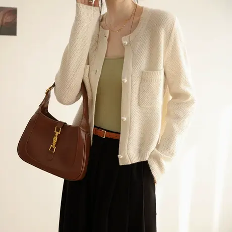 嘉茱莉2023秋季新款小香风针织开衫镂空毛衣开衫针织外套女上衣商品大图