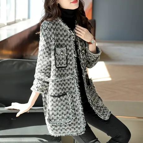 宝诗黎小香风格子亮丝中长款针织外套女新款2023时尚流苏开衫上衣商品大图