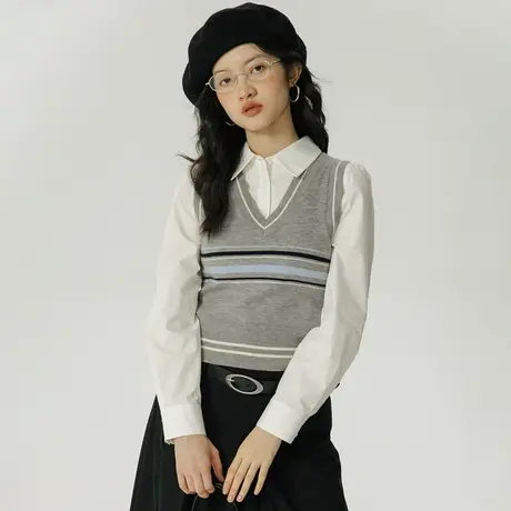 omont蛋挞家 复古条纹针织马甲女早秋新款2023修身v领短款针织衫商品大图