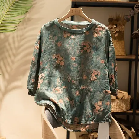 享永子七分袖印花苎麻T恤女夏文艺复古宽松显瘦棉麻上衣2023新款图片